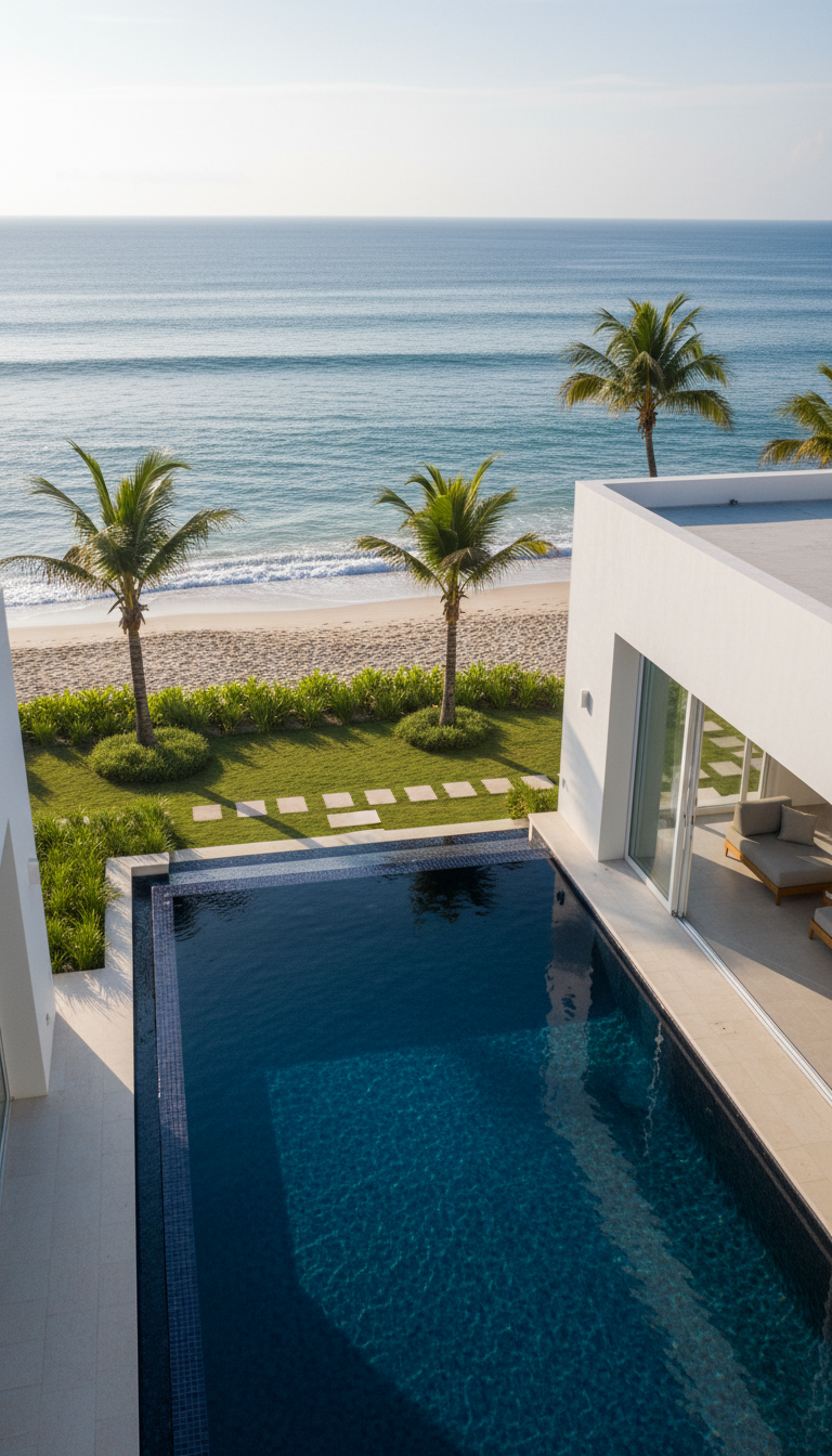 A luxurious beachfront villa with sleek white walls, expansive glass doors, and a private infinity-edge pool with navy mosaic tiling. The villa is set amid manicured tropical gardens, with gentle palms and carefully trimmed grasses, positioned a short distance from pristine, powdery sand and tranquil azure waves. Early morning sunlight streams in, casting crisp shadows across the villa’s geometric architecture and glinting on the water’s surface. The scene feels calm, exclusive, and meticulously maintained, with a clean, structured composition from a slightly elevated, wide-angle perspective. Photographic realism and a minimalist, contemporary aesthetic underline sophistication and quality, perfectly embodying the premium vacation rental experience in Costa Rica.