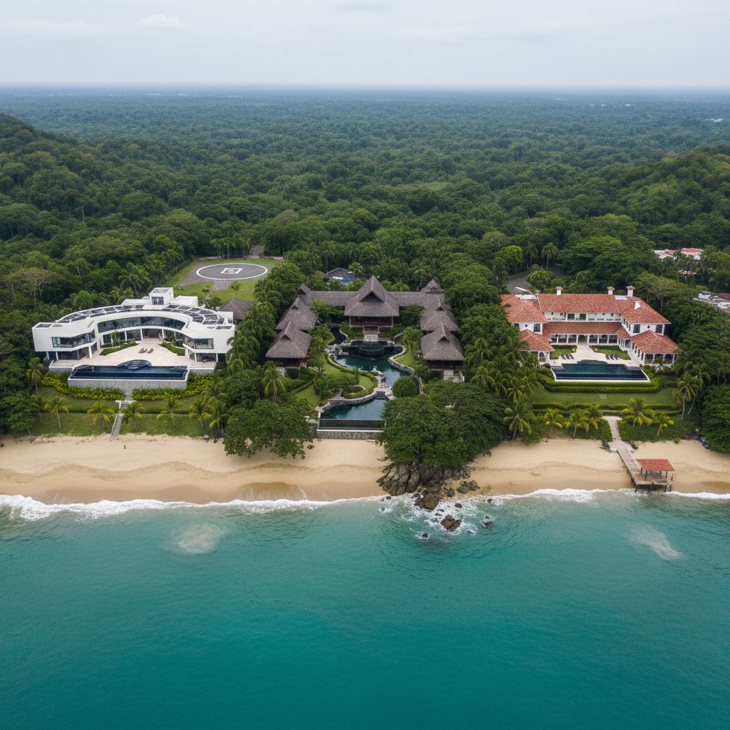 An aerial view of three distinct luxury properties—Punta Plata, Casa Pochote, and Casa Caoba—each with unique architectural features, surrounded by dense tropical foliage and set along separate stretches of Costa Rica’s iconic beaches. The properties are clearly delineated, with sparkling pools, manicured grounds, and direct beach access visible. The entire scene is bathed in soft, overcast light, reducing harsh shadows and balancing tones across the landscape. The composition is clean and panoramic, highlighting exclusivity and prime locations, captured in photographic realism for a professional business presentation.