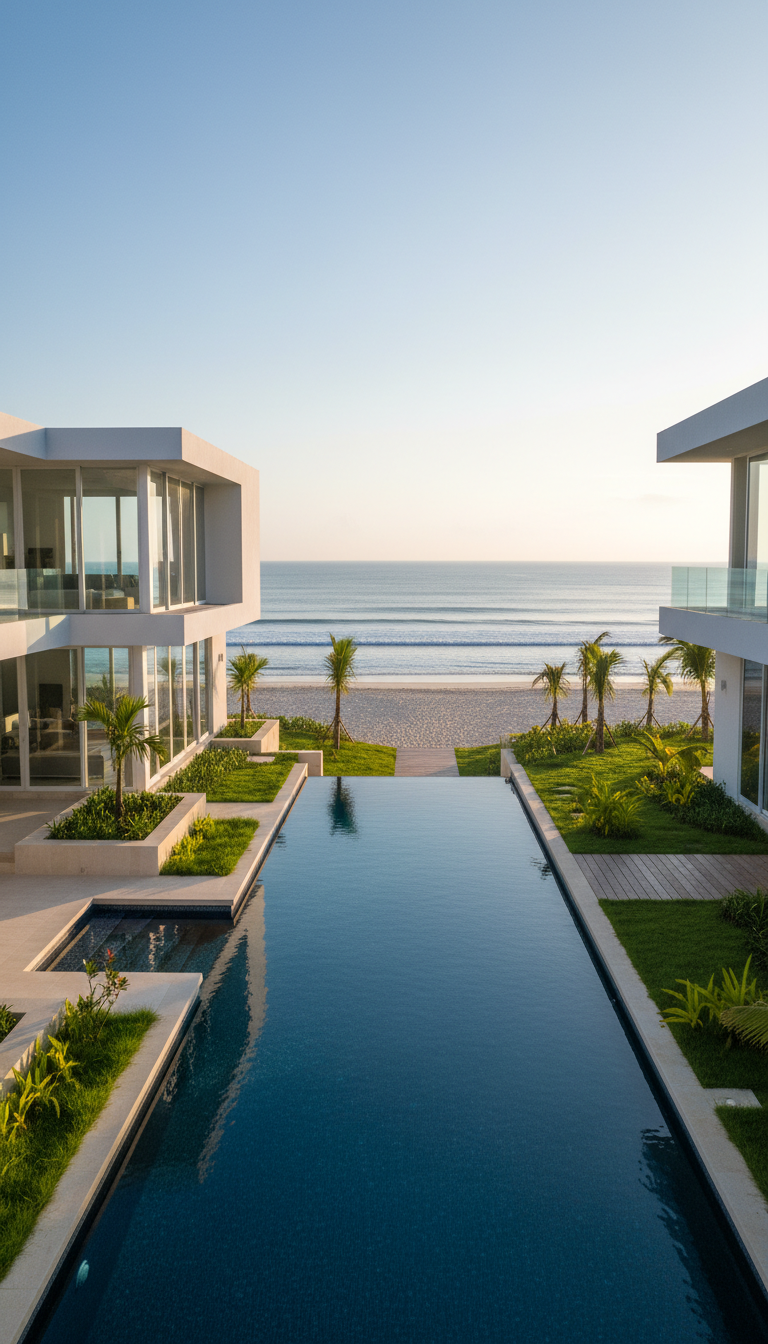 A luxurious beachfront villa with sleek white walls, expansive glass doors, and a private infinity-edge pool with navy mosaic tiling. The villa is set amid manicured tropical gardens, with gentle palms and carefully trimmed grasses, positioned a short distance from pristine, powdery sand and tranquil azure waves. Early morning sunlight streams in, casting crisp shadows across the villa’s geometric architecture and glinting on the water’s surface. The scene feels calm, exclusive, and meticulously maintained, with a clean, structured composition from a slightly elevated, wide-angle perspective. Photographic realism and a minimalist, contemporary aesthetic underline sophistication and quality, perfectly embodying the premium vacation rental experience in Costa Rica.