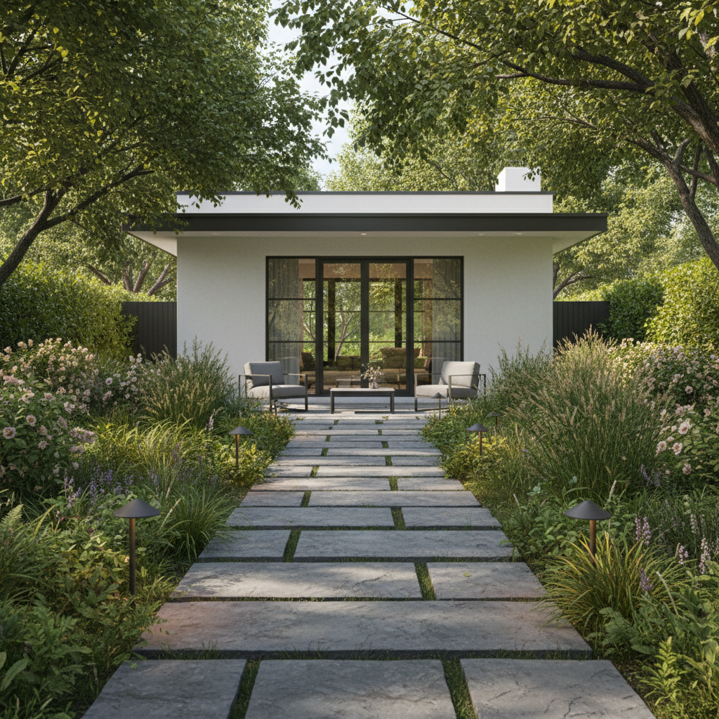 A peaceful, shaded garden path leading to a private guest studio, featuring gray stone pavers surrounded by lush native foliage and tasteful landscaping lighting. The studio itself has clean architectural lines, white stucco finish, and a small, sleek patio with weather-resistant outdoor chairs. Dappled sunlight filters through overhanging trees, creating a play of light and shadow along the pathway and studio entrance. The setting feels secluded and inviting, with a sense of structured privacy. Photographed from a low, forward-facing angle to emphasize depth and approach, rendered in a true-to-life, minimalist style consistent with luxury hospitality.