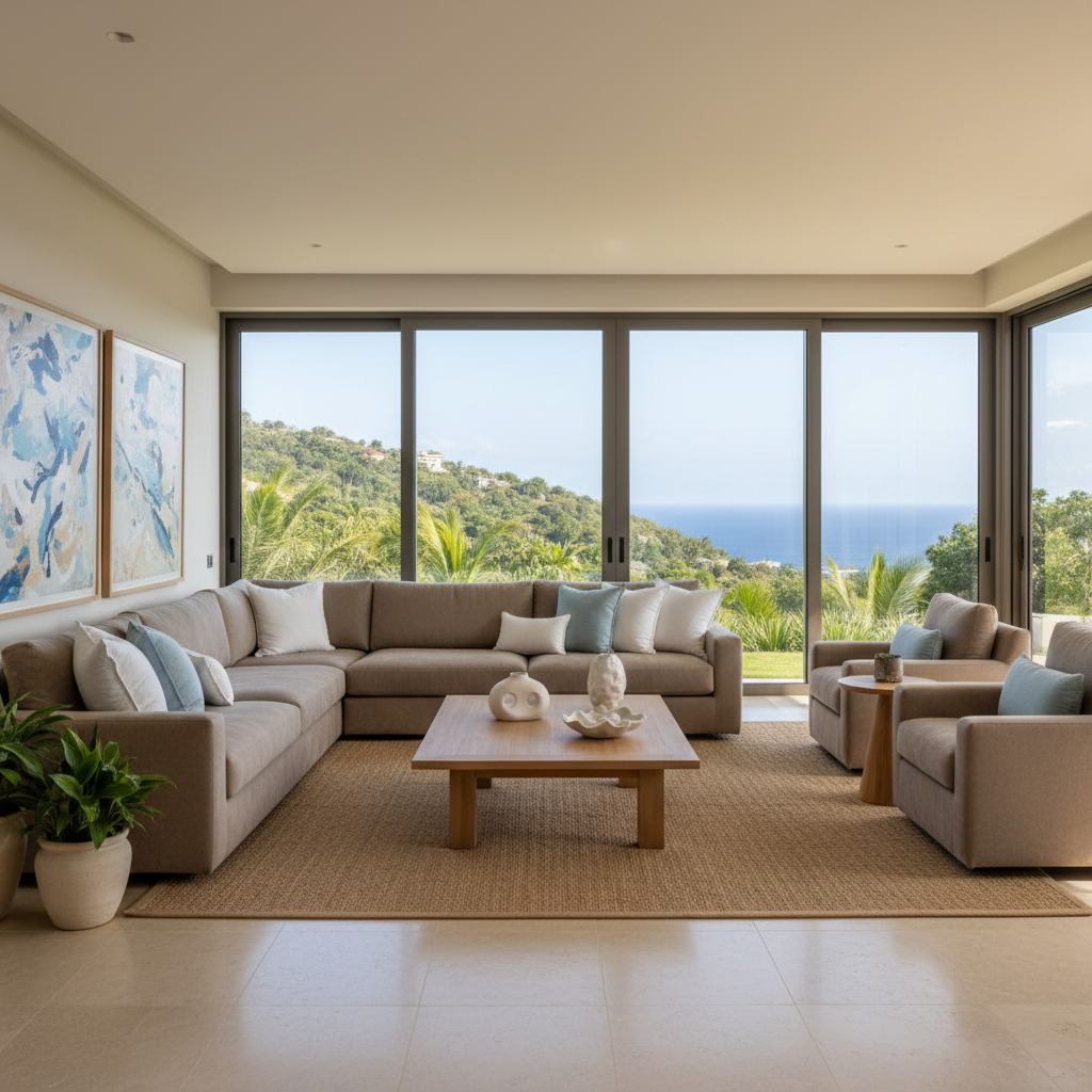 An elegant, modern living room within a coastal luxury villa, featuring a plush taupe sectional sofa with crisp linen accent pillows, a low-profile teak coffee table, and minimalist ceramic décor pieces. Floor-to-ceiling windows offer sweeping views of lush greenery and distant ocean horizon. Soft, natural midday light fills the space, highlighting the neutral palette and the smooth textures of stone flooring. The ambience is serene and welcoming, with balanced, symmetrical composition captured from eye-level for a lived-in yet pristine look. The image style is photographic, clean, and modern, supporting an upscale vacation rental brand identity.