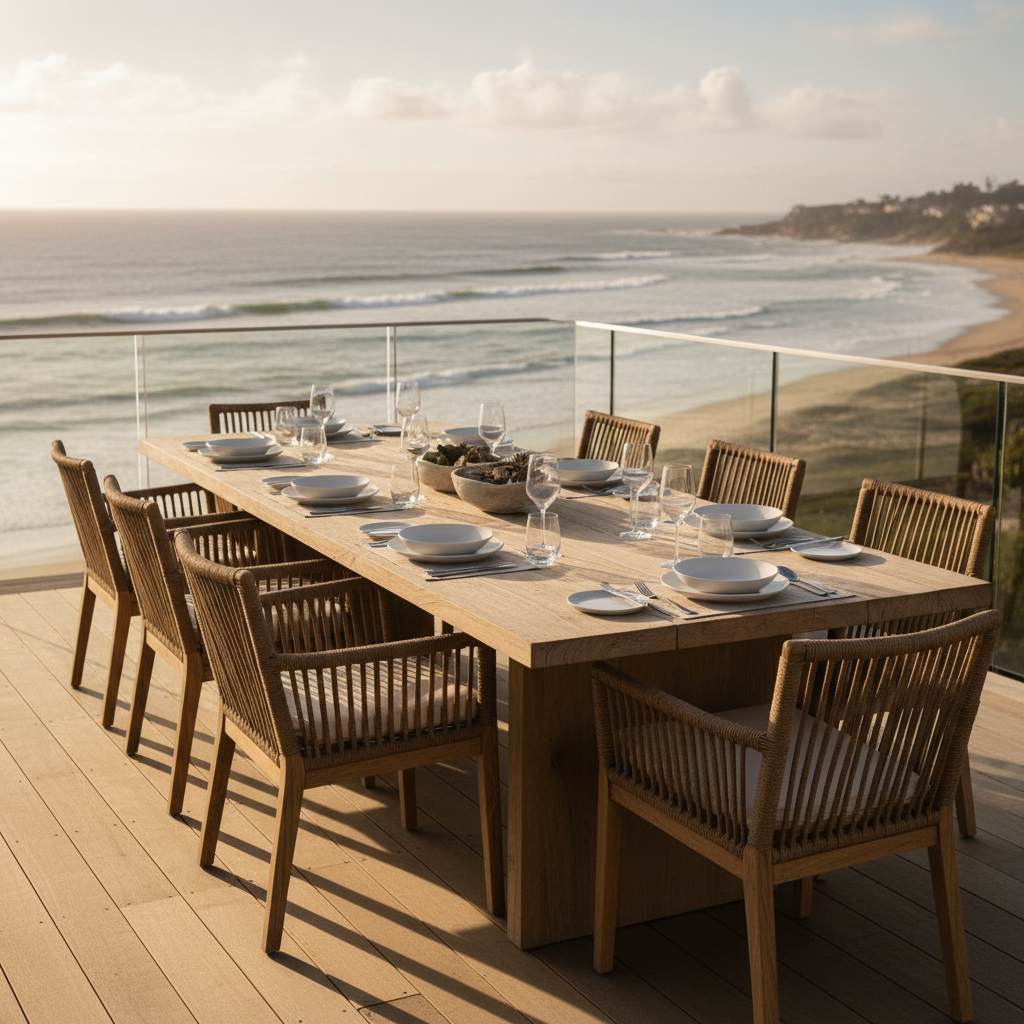 A refined, sunlit terrace of a premium rental villa, showcasing a long wooden dining table with elegant minimalist settings, surrounded by structured rattan chairs. The terrace overlooks a panoramic view of the Pacific coastline, with clear glass railings barely noticeable. The light is golden and warm, typical of late afternoon, casting gentle, elongated shadows and creating highlights on natural materials. The composition places the table off-center, following the rule of thirds, with soft focus on the scenic background. The mood is tranquil and exclusive, with a photographic, corporate aesthetic that emphasizes high-end vacation living.